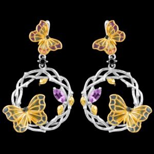 Natural African Amethyst Black Spinel Handmade Earring in Sterling Silver 925